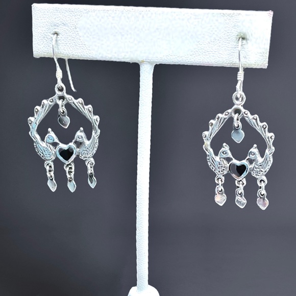 🌺 Vintage Sterling & Onyx Peacock Earrings - Picture 5 of 10